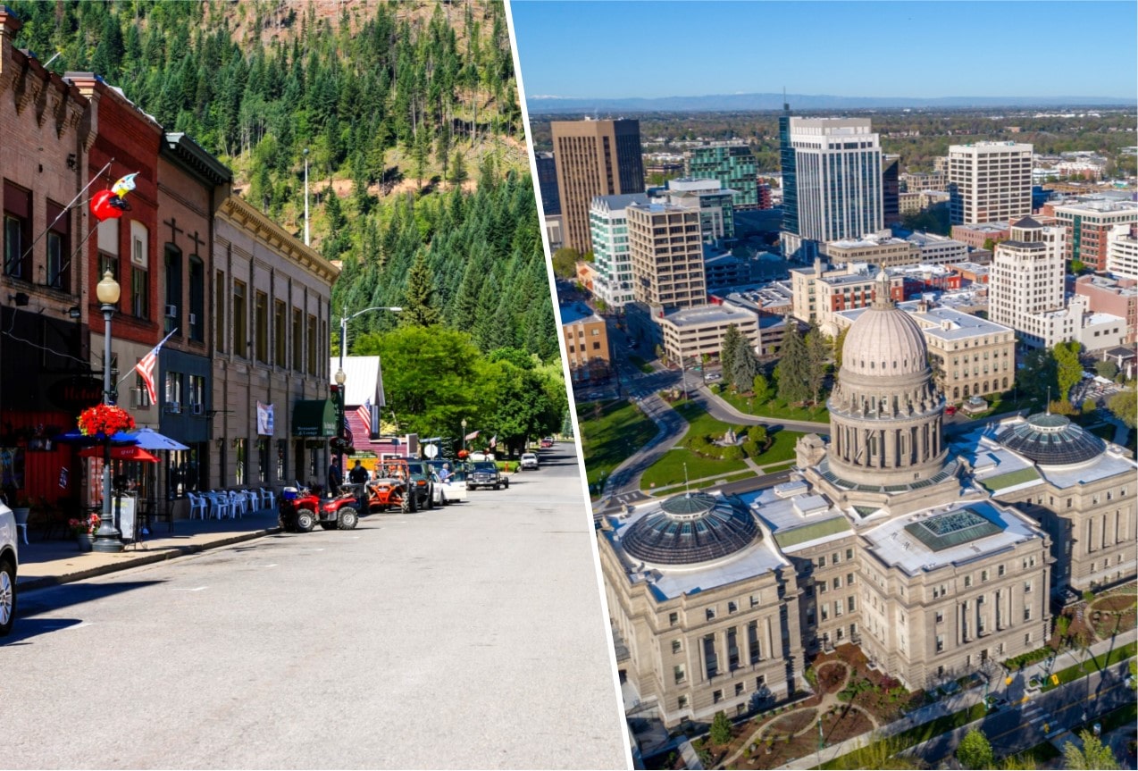 Two photos. One is an aerial photo of City of Boise with the Capitol in the foreground. The other is a photo of the City of Wallace, Idaho.